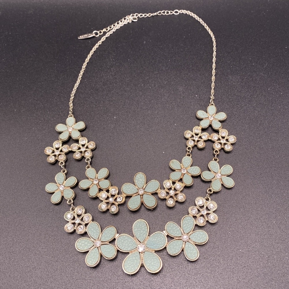 Nygard Silver Tone Necklace Vintage Floral Bib Green Rhinestone OS